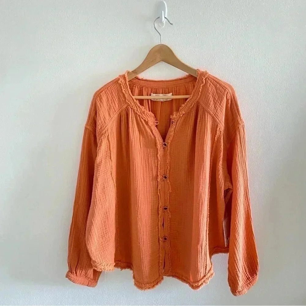 Free People Moving Mountains Oversized Shirt Long Sleeve Raw Hem Size S NWT - Picture 2 of 9